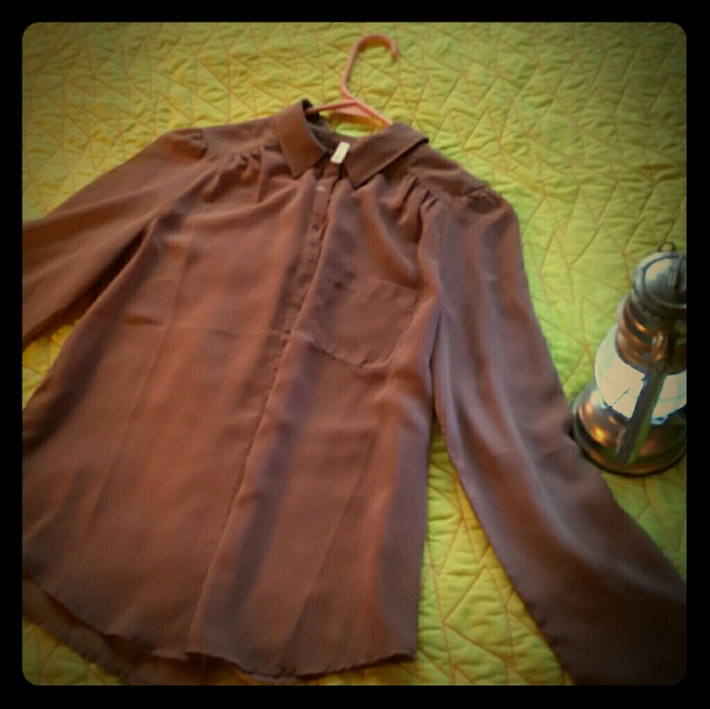 frenchi top blouse button down sheer taupe M